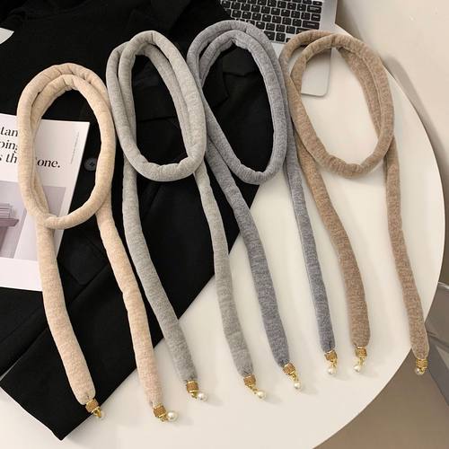 细窄围巾设计感珍珠圆滚滚法棍围巾纯色窄条软糯百搭装饰领巾围脖