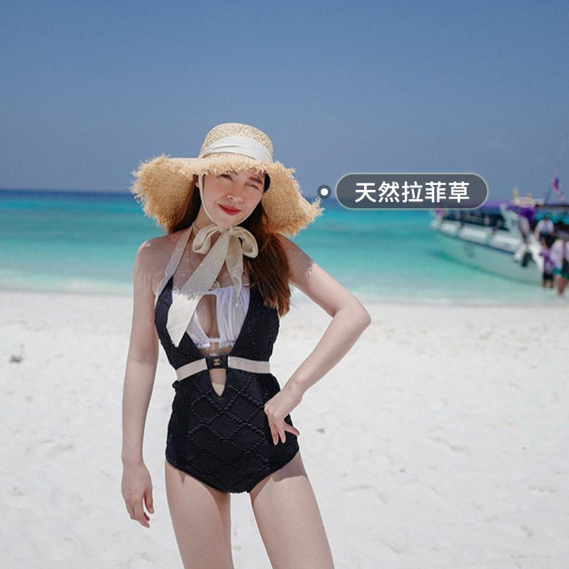 系带拉菲草帽女夏季新款日系毛边平顶遮阳防晒韩国大檐草编帽子潮