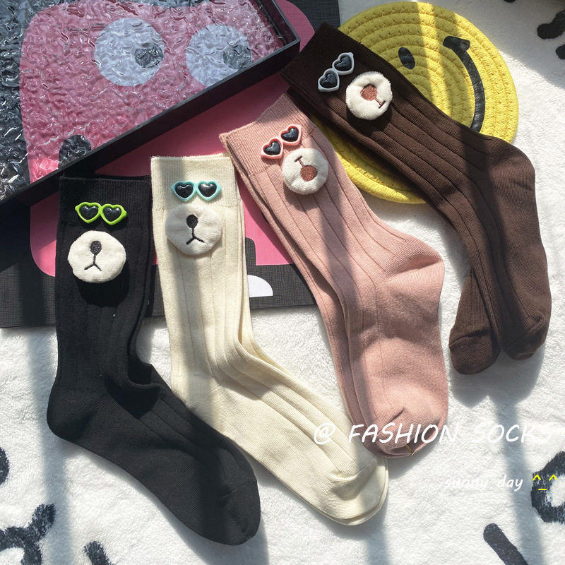 春款立体眼镜熊卡通酷帅洋气公仔欧货个性潮袜装饰袜饰品袜堆堆袜