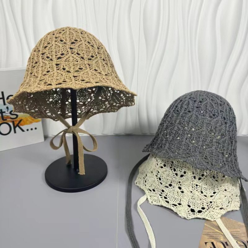 夏季新款透气蕾丝飘带草编渔夫帽女薄款镂空系带百搭手工编织盆帽