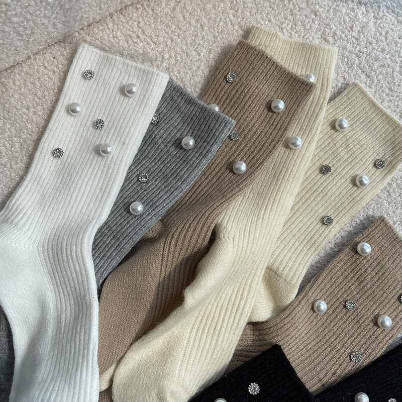 韩国东大门秋冬新品美拉德风珍珠亮钻少女学生羊毛中筒堆堆袜女