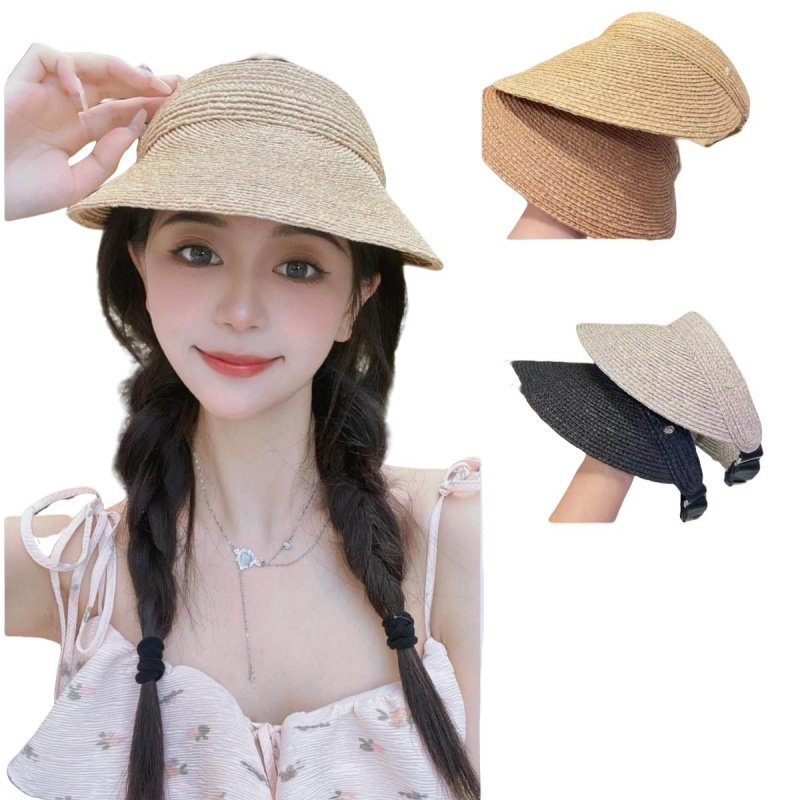 新款拉菲草空顶帽女士夏季大檐草帽防晒遮阳帽防紫外线显脸小帽子