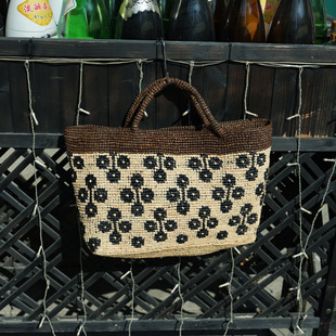 日系法式拉菲草花朵钩针手工编织包度假沙滩女夏草编包棕色手提包