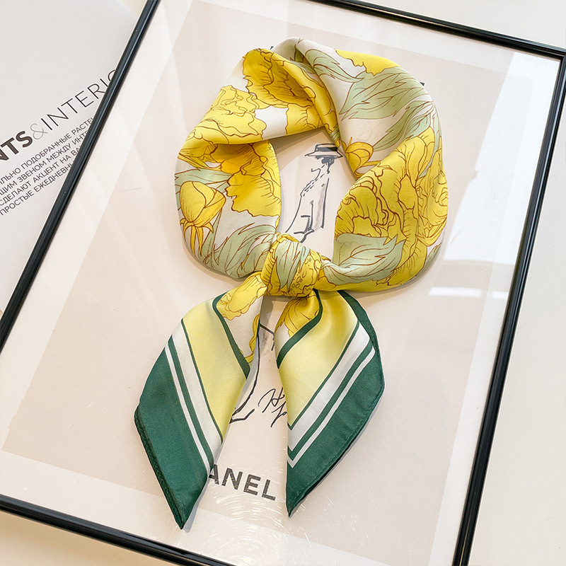 中国风黄绿色牡丹丝巾围巾70小方