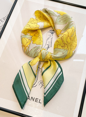 中国风黄绿色牡丹丝巾围巾70小方巾女春秋领巾薄款围巾妈妈送礼物