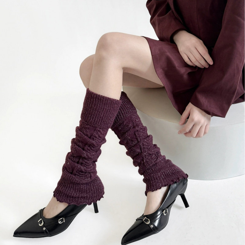 秋冬金银丝麻花针织袜套女日系复古亮丝长筒袜时尚保暖毛线堆堆袜