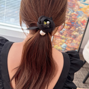 轻奢风黑色网纱水晶花朵掰掰夹高级感前额边夹精致气质扎马尾皮筋