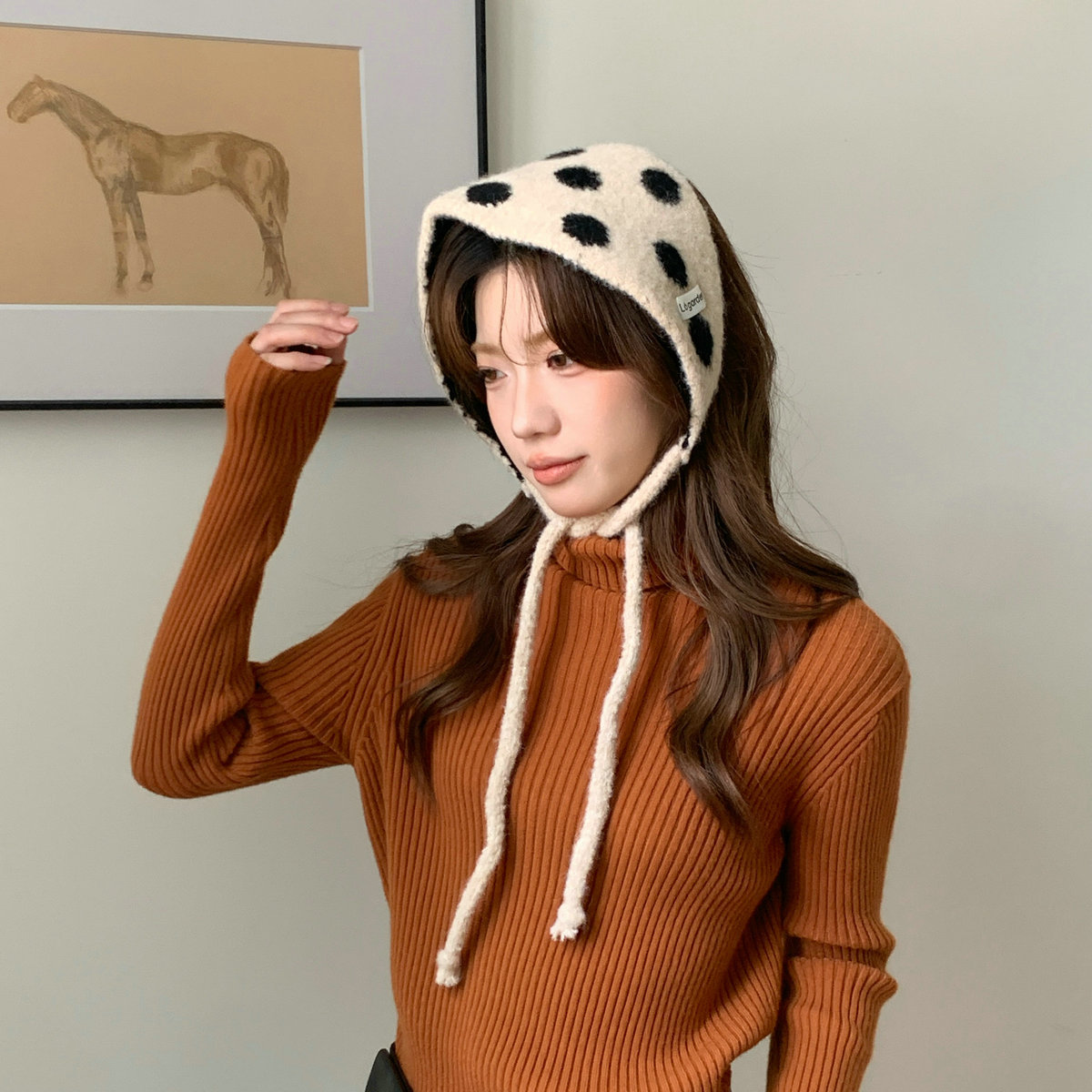 秋冬新款大波点针织耳罩女含羊毛双面双色软糯保暖护颈围脖小围巾