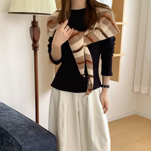 韩系氛围感条纹针织三角巾女秋冬