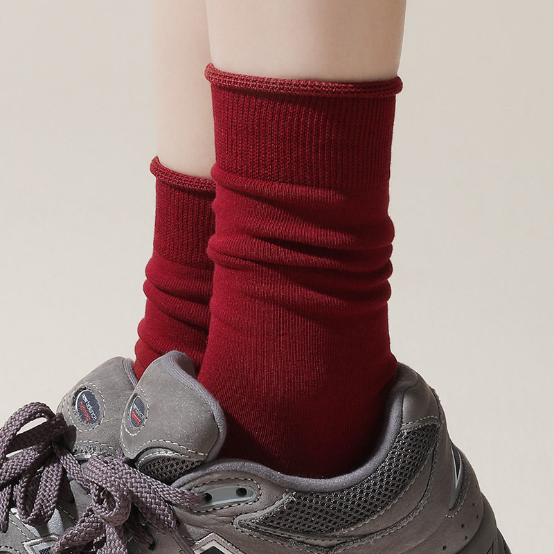 安可拉红袜子女ins潮无骨抗起球堆堆袜秋冬弹力抗菌防臭中筒袜