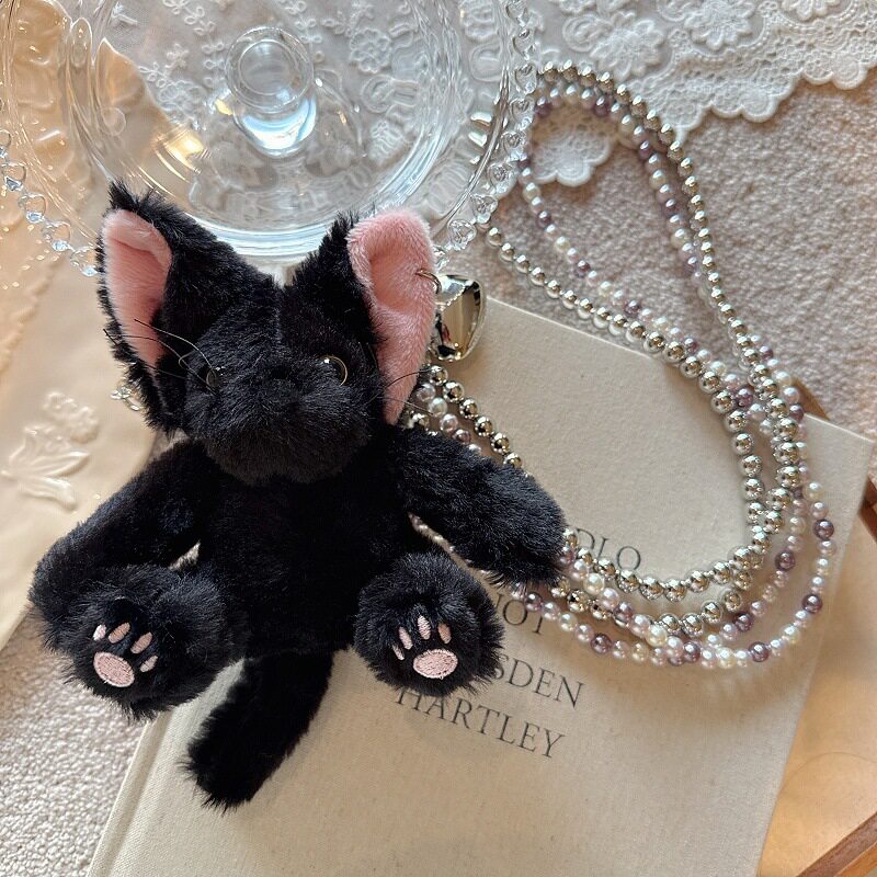 卡通可爱黑色猫咪手机背夹毛绒公仔玩偶链条斜挎挂绳防丢通用款女