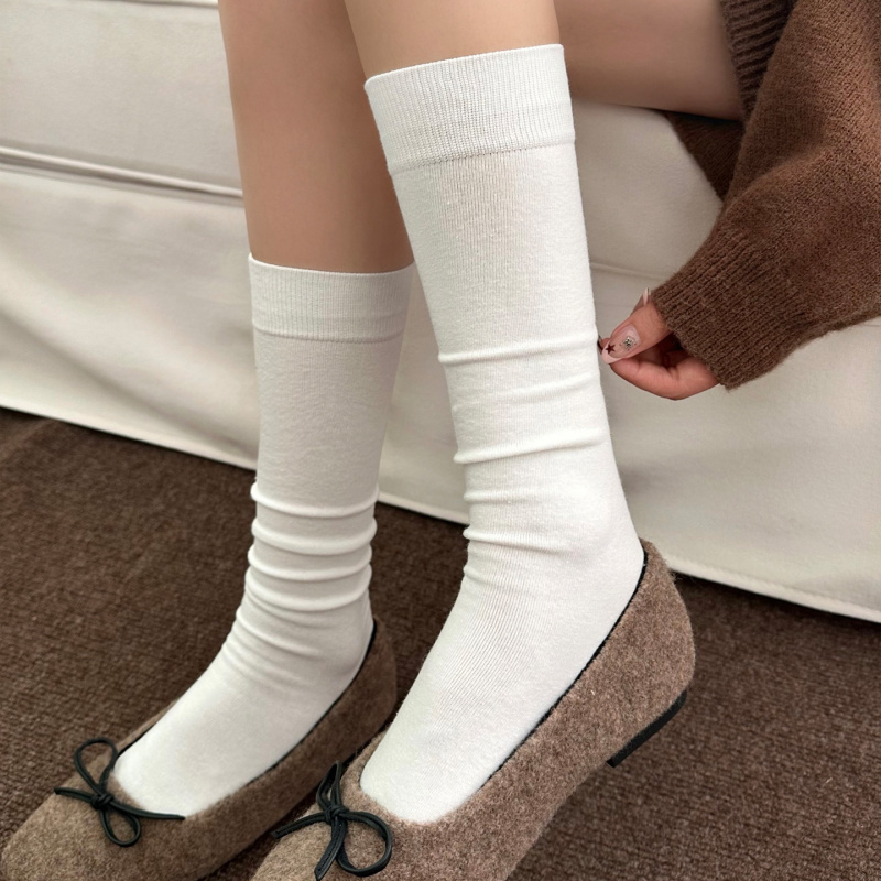 白色小腿袜子女纯色微压显瘦弹力