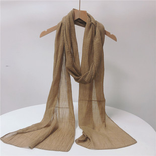 秋冬季纯色加长保暖围巾细长轻薄柔软护颈丝巾皱褶长款纱巾250cm