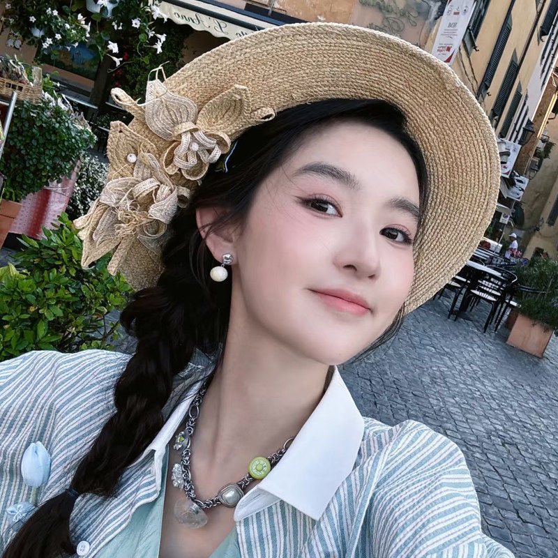 王玉雯地球超新鲜同款手工编织草帽女夏季防晒遮阳帽拉菲花朵帽