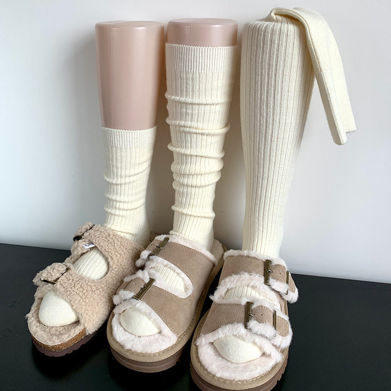 羊毛加绒中筒保暖小腿袜秋冬日系奶白奶咖过膝护膝长筒堆堆袜子女