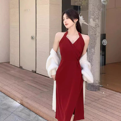 冬季套装女小个子秋冬新款女装内搭打底新中式复古红色挂脖连衣裙