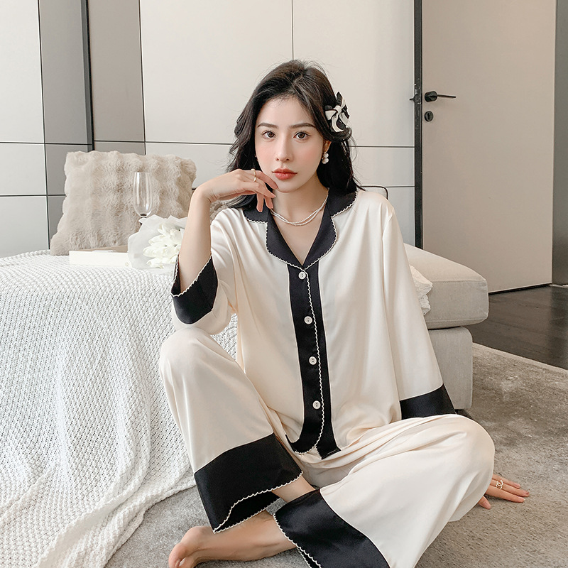 新款冰丝睡衣女夏季长袖春秋套装开衫高级感大码可外穿薄款仿真
