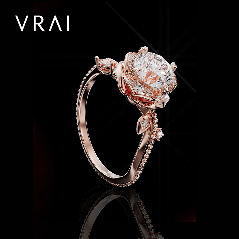 【培育】VRAI芮爱 玫瑰圆钻婚戒 铂金钻石戒指定制女 纤细戒臂