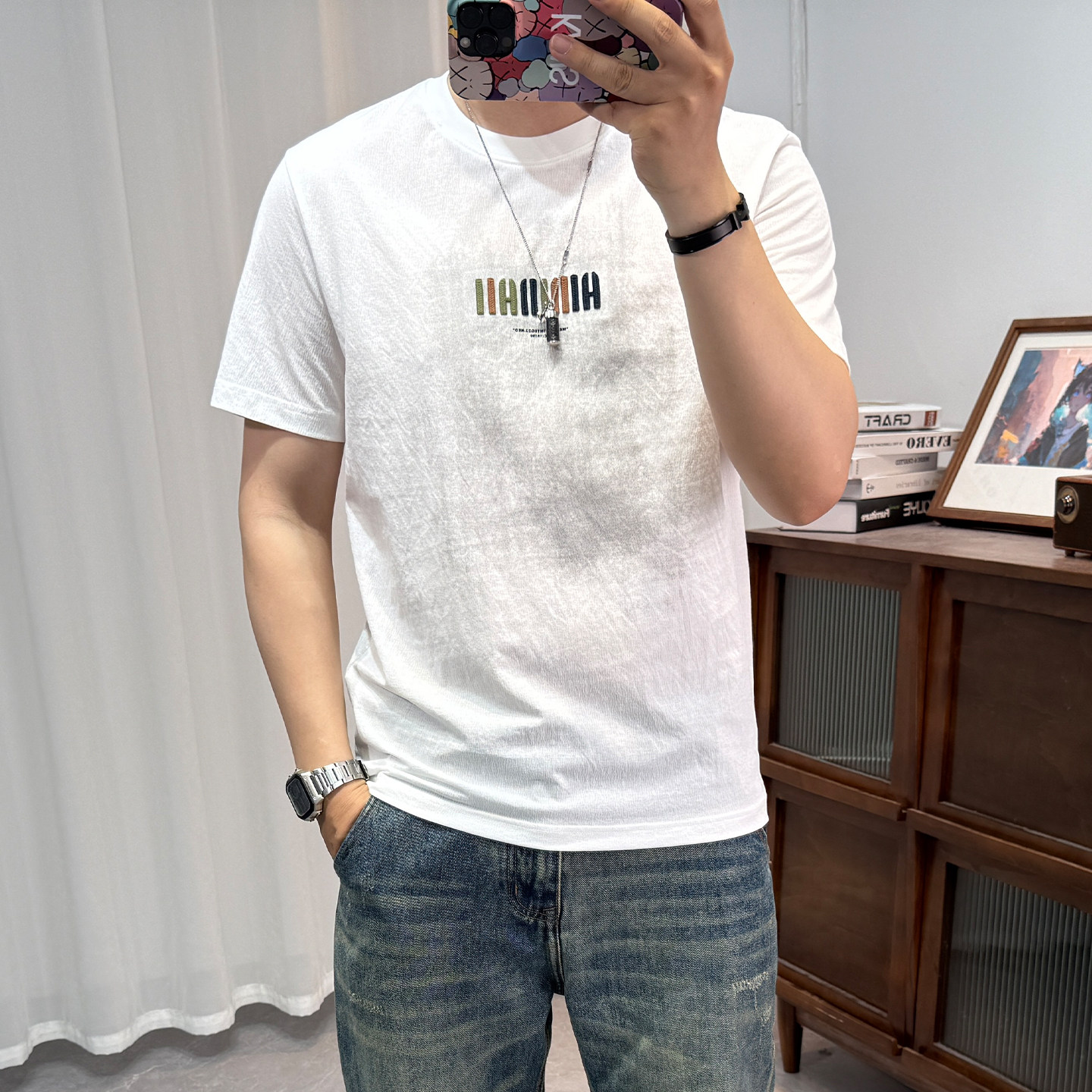 短袖T恤男棉麻夏季凉感修身透气刺绣字母薄款半袖体恤衫百搭上衣