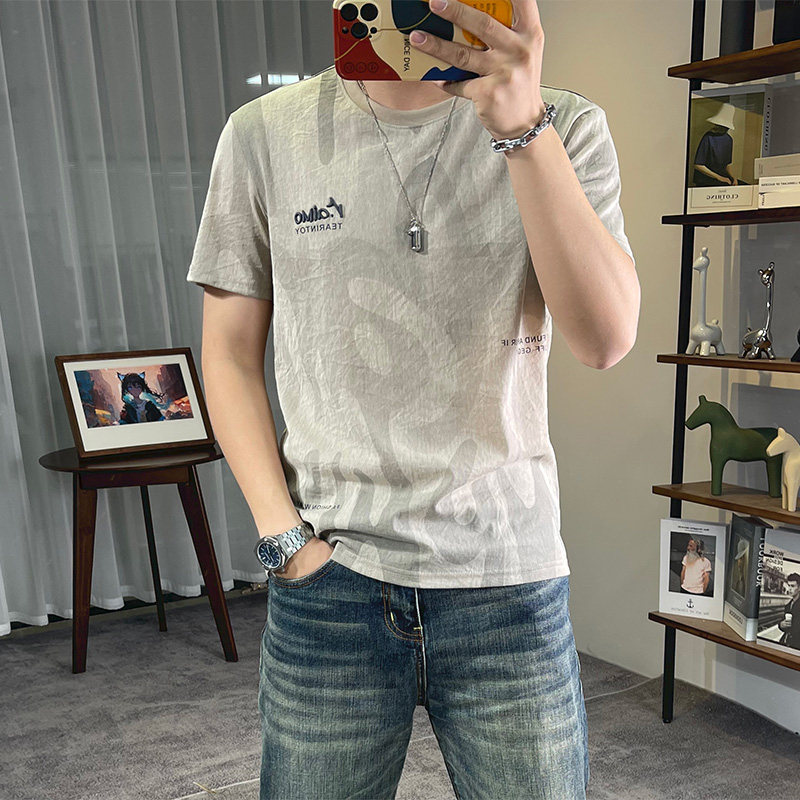 冰丝麻t恤男短袖2026夏季新款男士字母印花半袖衫圆领棉麻修身T