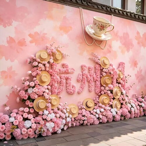 户外美陈布置仿真玫瑰花字瀑布墙