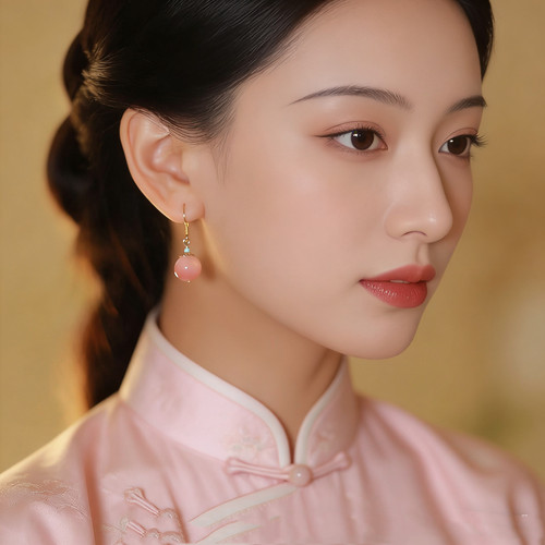 旗袍新中式国风玛瑙耳环女夏复古汉服配饰品精致粉色圆珠超仙耳饰