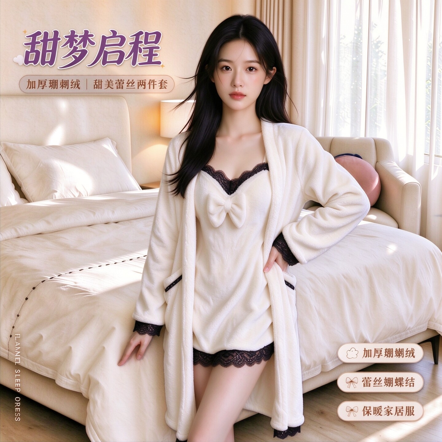 冬季甜美珊瑚绒睡衣性感法兰绒女吊带睡裙睡袍保暖两件套家居服