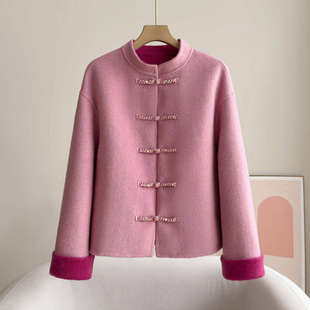 新中式粉色双面羊毛大衣女短款立领盘扣高级感撞色国风羊毛呢外套