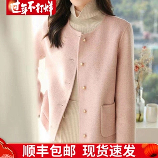 双面羊毛大衣女短款2025新款小香风单排扣圆领减龄羊毛双面呢外套