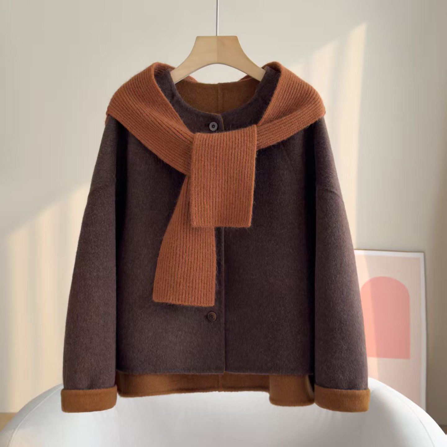 韩系双面羊毛大衣女短款2025冬季新款撞色可拆卸围巾帽毛呢外套潮