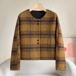 高端格子双面羊毛大衣女短款2026新款气质圆领单排扣双面呢外套