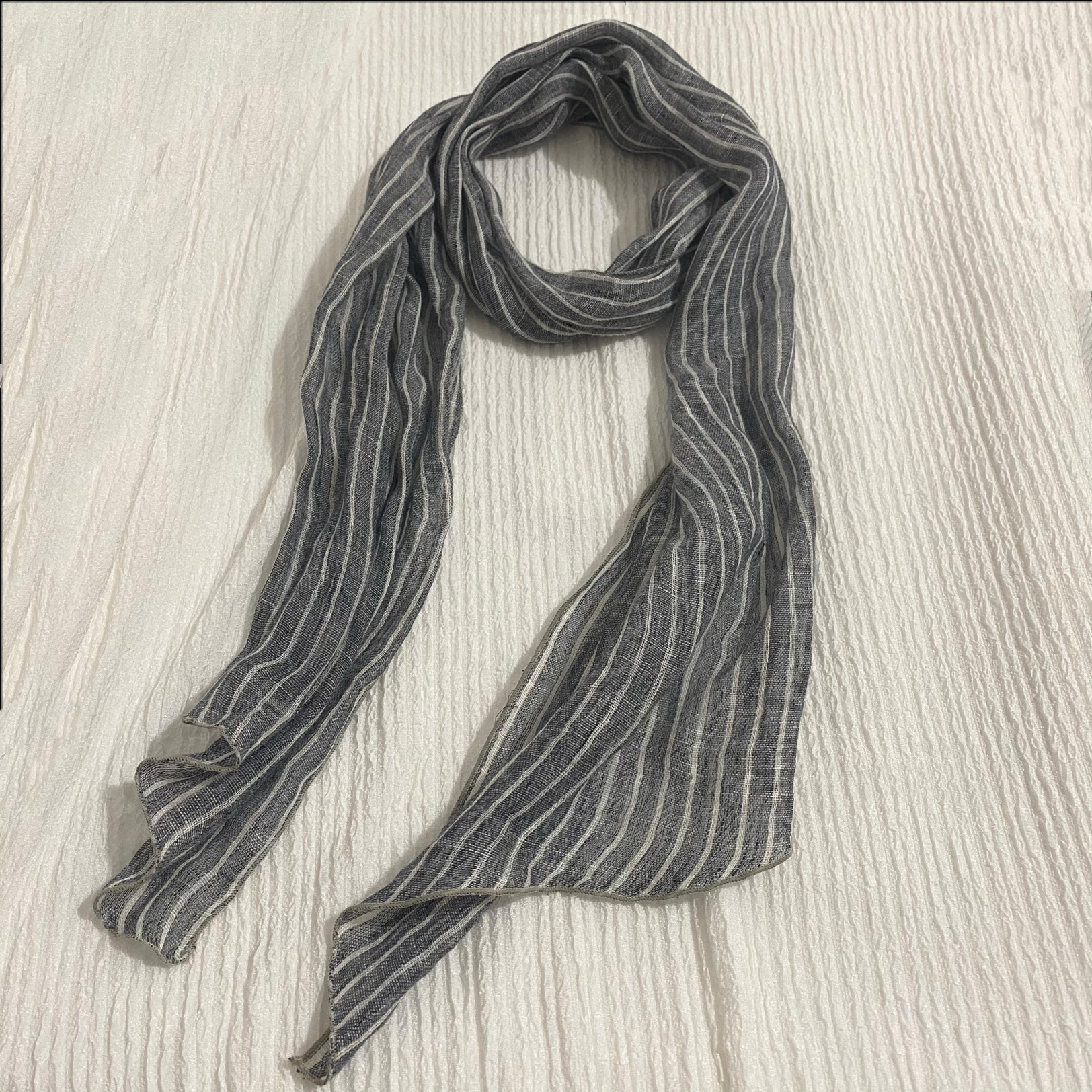 日系纯亚麻条纹围巾春夏薄款细长小丝巾女护颈搭配小披肩2023