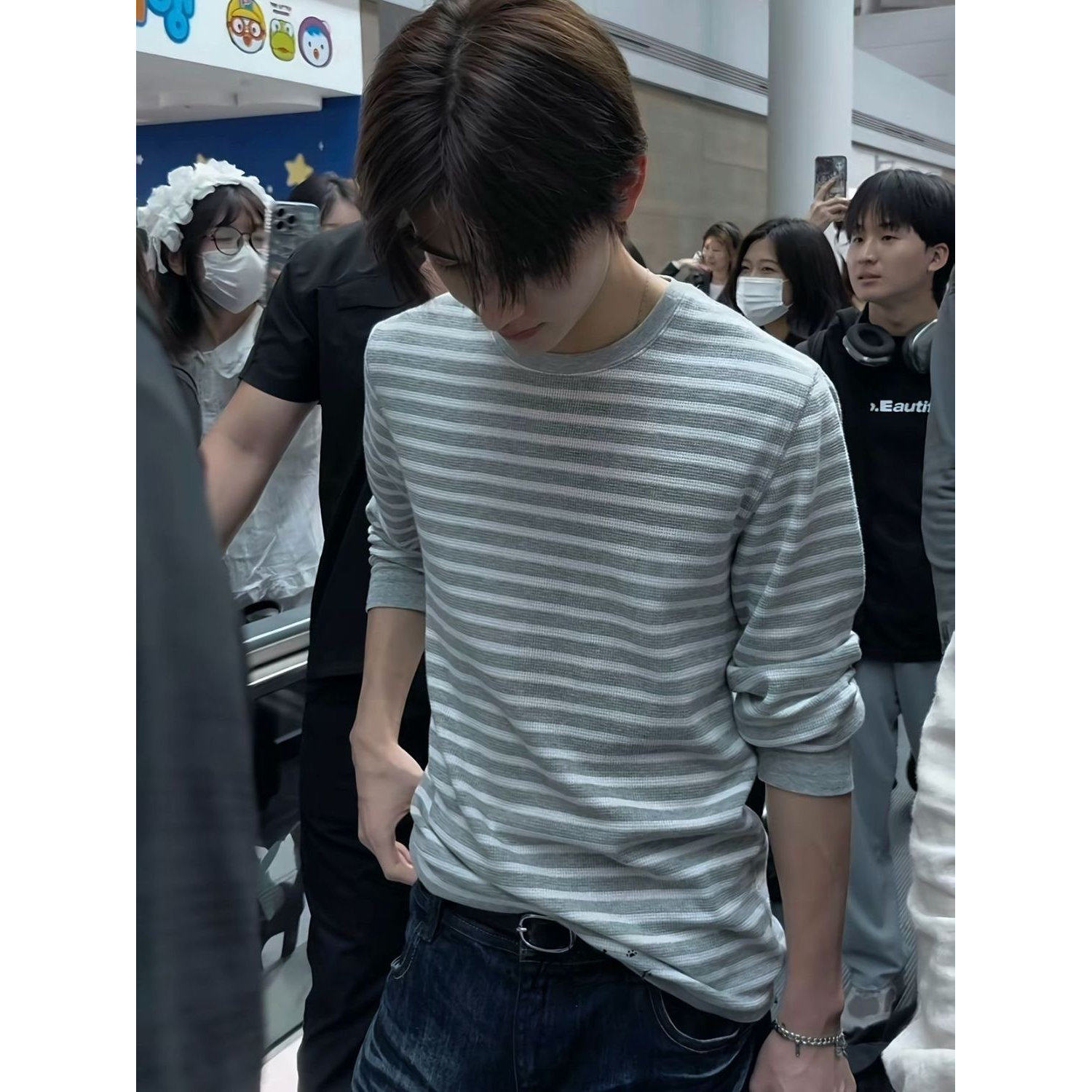 Cortis严成玹同款灰色条纹慵懒华夫格亲肤圆领长袖T恤打底衫男女
