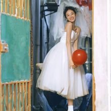 日本品质吊带轻婚纱法式复古新娘结婚订婚礼服裙日常小个子领证登