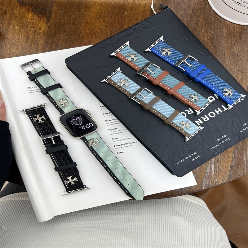 适用applewatchUltra苹果手表iwatchs9表带10代帆布牛仔s10女士s7/6/5/4秋冬SE拼色运动小众双色克罗心46mm49