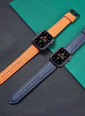 适用apple watch10代手表表带苹果iwatch7/8/9/SE ultra牛皮荔枝纹商务休闲真皮腕带柔软男女潮45mm46/42mm41