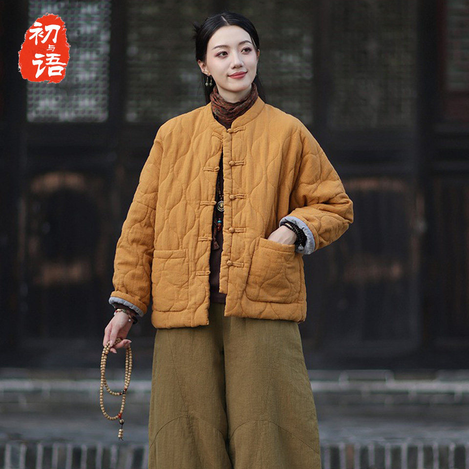 25冬季新款文艺苎麻夹棉绗缝葫芦格棉袄复古立领盘扣短款女式棉衣
