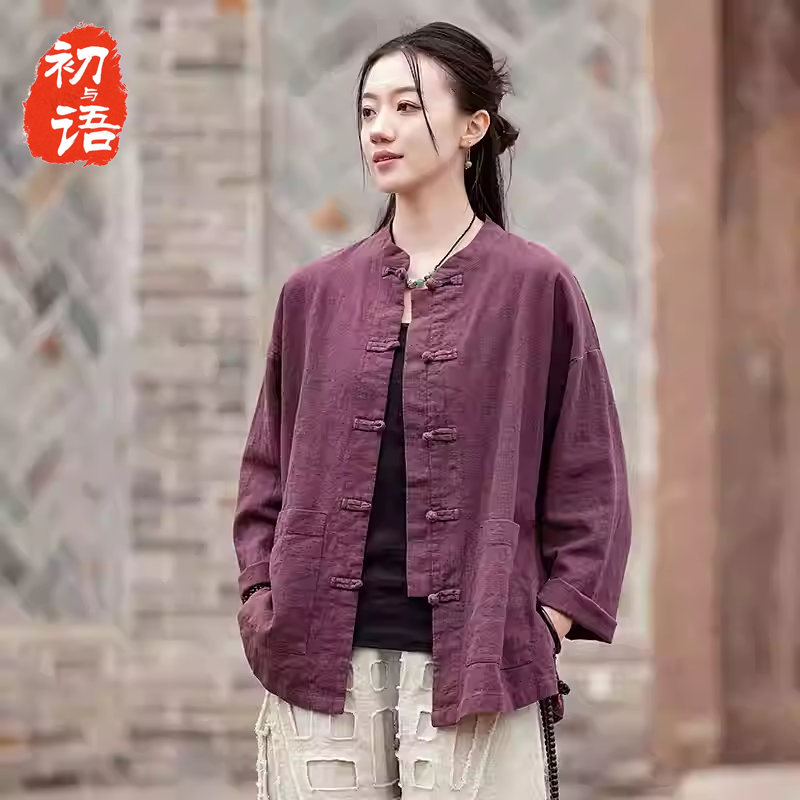 棉麻上衣女装2025秋新款小衫中式国风布衣禅意佛系苎麻太极服晨练