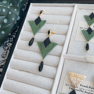 璀璨2024秋墨绿色异域风情进口古董珠三角形串珠多层耳环戒指项链