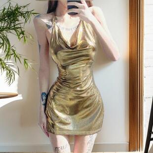 酒吧夜店2025新款 DJ超短连衣裙女 挂脖大露背金色开叉显瘦修身
