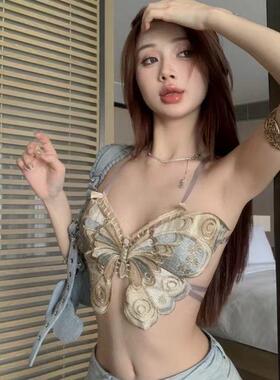 性感蕾丝蝴蝶刺绣吊带背心女内搭外穿设计感小众修身显瘦短款上衣