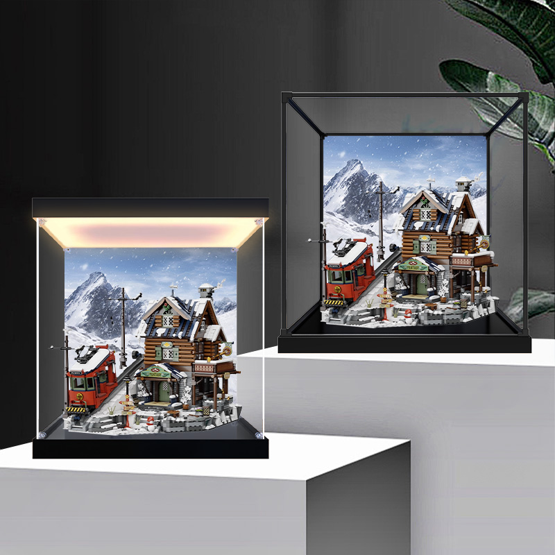 适用拼奇山顶旅馆玩具街景建筑模型拼插积木防尘亚克力展示盒