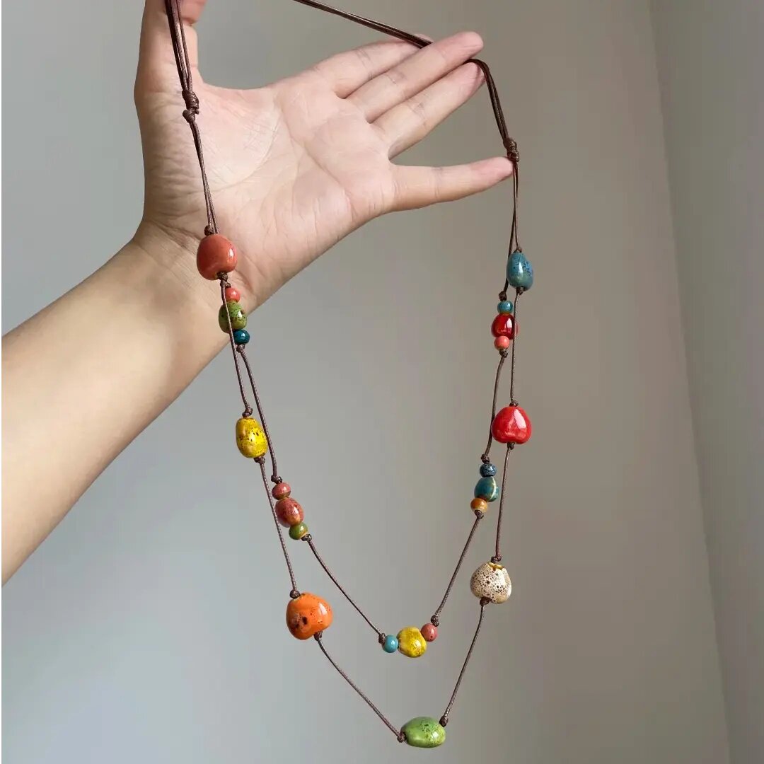 非金属亚克力项链 项链！简约长款珠子编织绳项链复古民族风