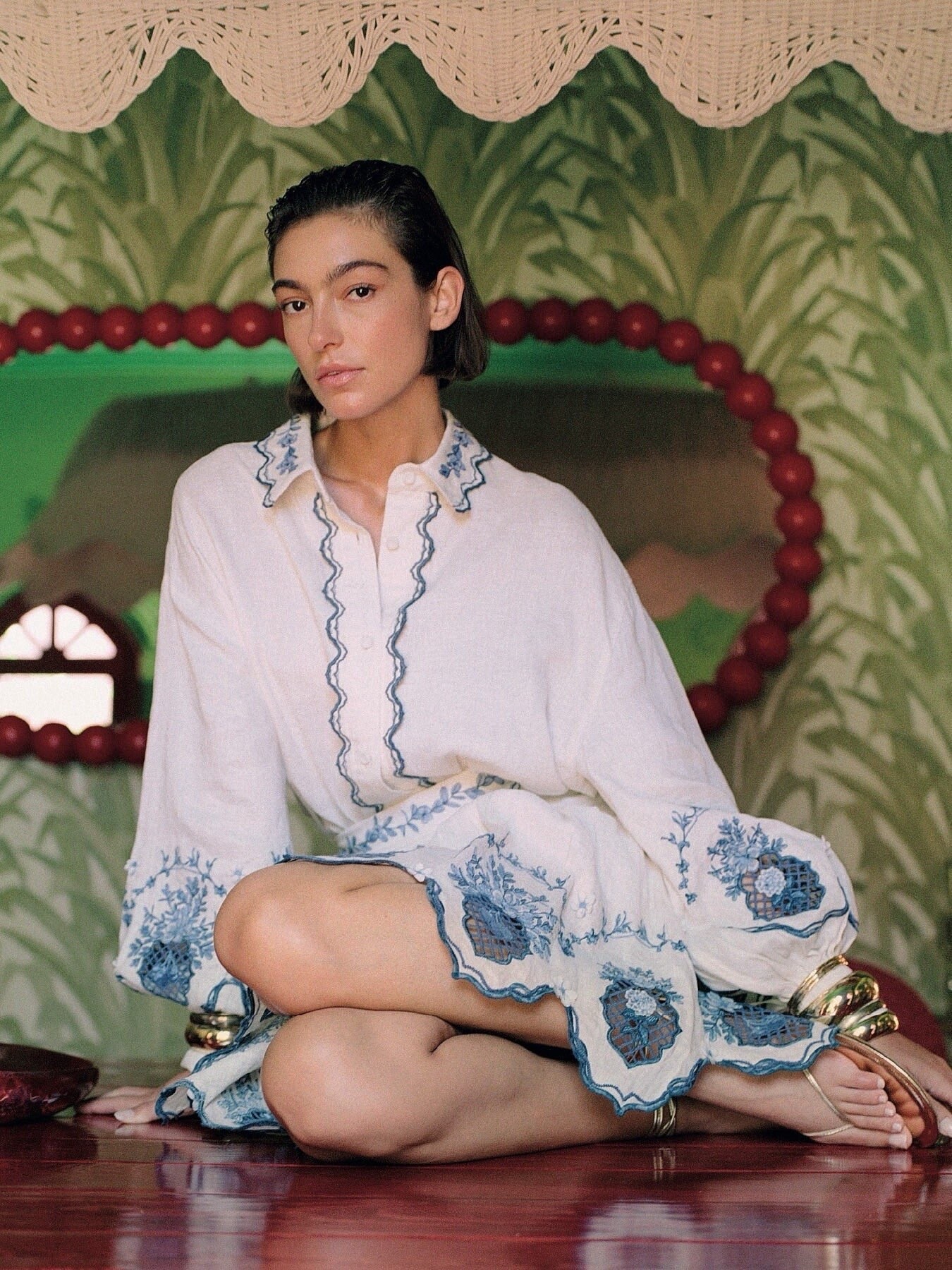 欧洲站镂空刺绣贴花灯笼长袖宽松百搭衬衫半身裙2026新款  两件套