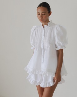 欧洲站亚麻白色荷叶花边泡泡袖宽松上衣短裤套装2026  度假两件套