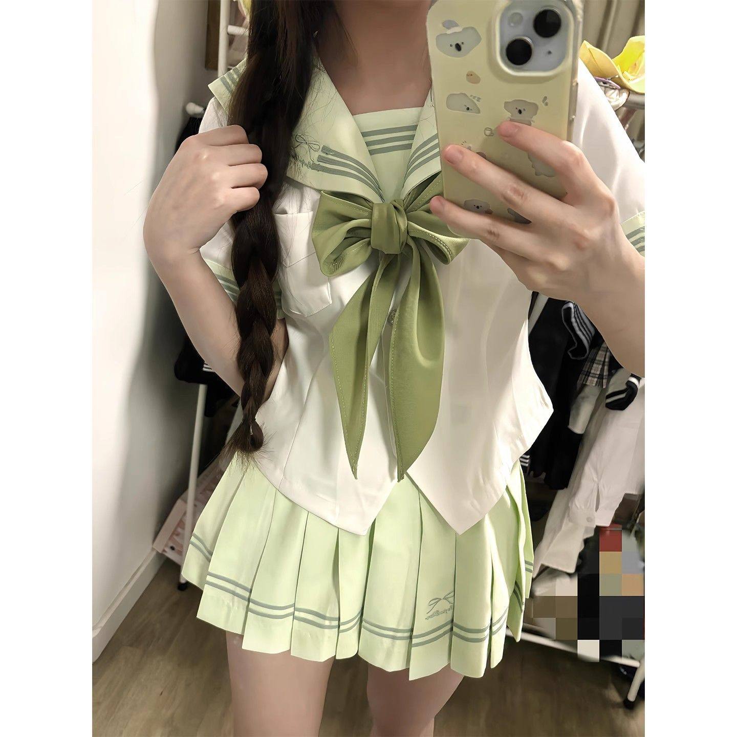 日系淡绿色JK学院风水手服制服小清新海军领上衣甜美百褶裙两件套