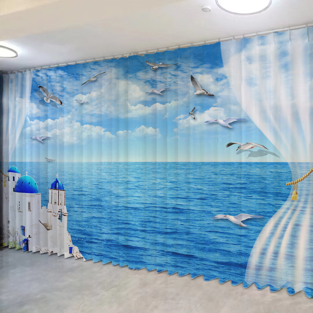 椰树沙滩大海海洋风窗帘海景儿童房卧室纱帘阳台客厅风景画遮光布