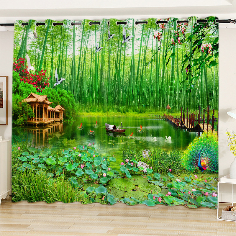 森林树木3D逼真立体窗帘遮光仙鹤锦鲤大海草原绿地风景画客厅纱帘