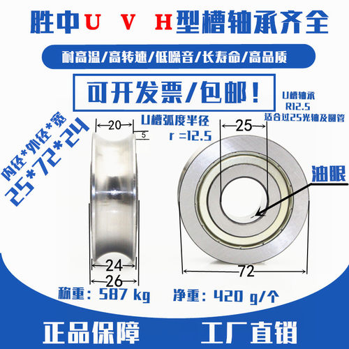 非标带槽轴承U槽导轮20mm轨道轮带注油孔轴承钢轮滚动轮25*72*24
