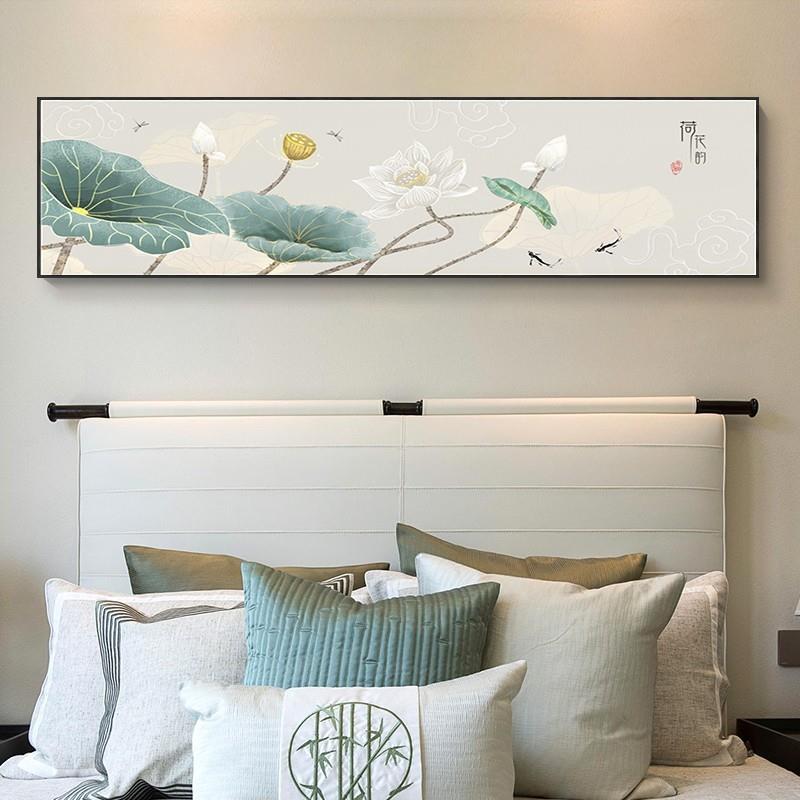 荷花新中式卧室装饰画床头挂画茶室主卧客厅禅意沙发房间背景墙壁图片